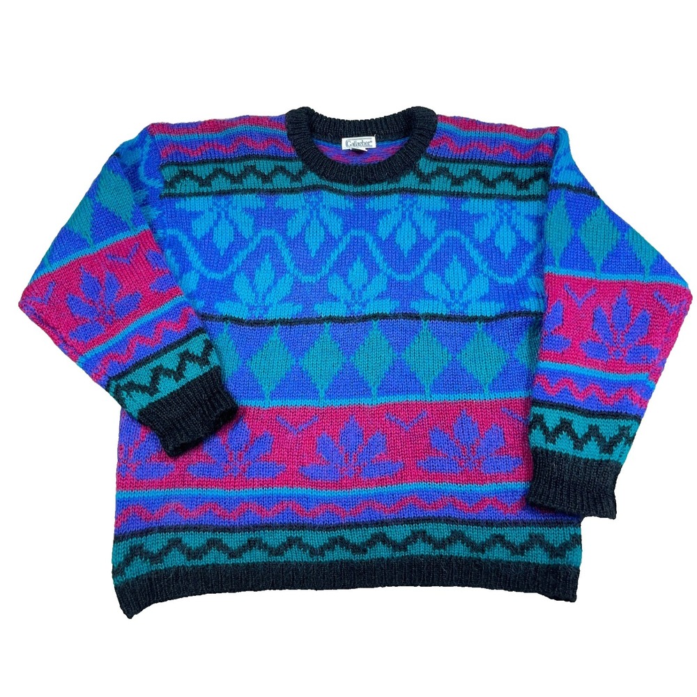 Vintage Gallagher Sweater Women XL Blue Pink Mohair Grandma Boho‎ 90s Geometric